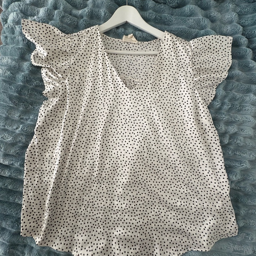Polka Dot Flutter Sleeve V-Neck Blouse - White with Black Dots